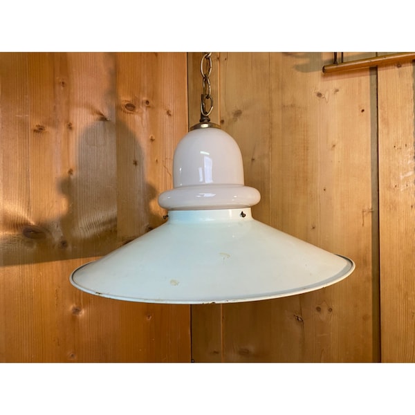 Vintage White Metal + Milk Glass Hanging Pendant Light Fixture | Industrial Ceiling Light On A Chain | Farmhouse Decor | 1970s | Rustic