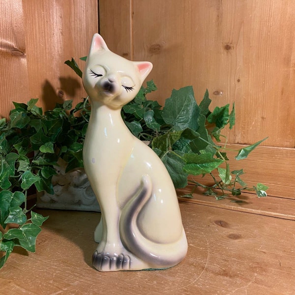 Vintage Bashful White Cat Statue | Midcentury Modern Table Decor | MCM | White Ceramic Cat Figurine | 1960s Cat Statue | Made In Tawain