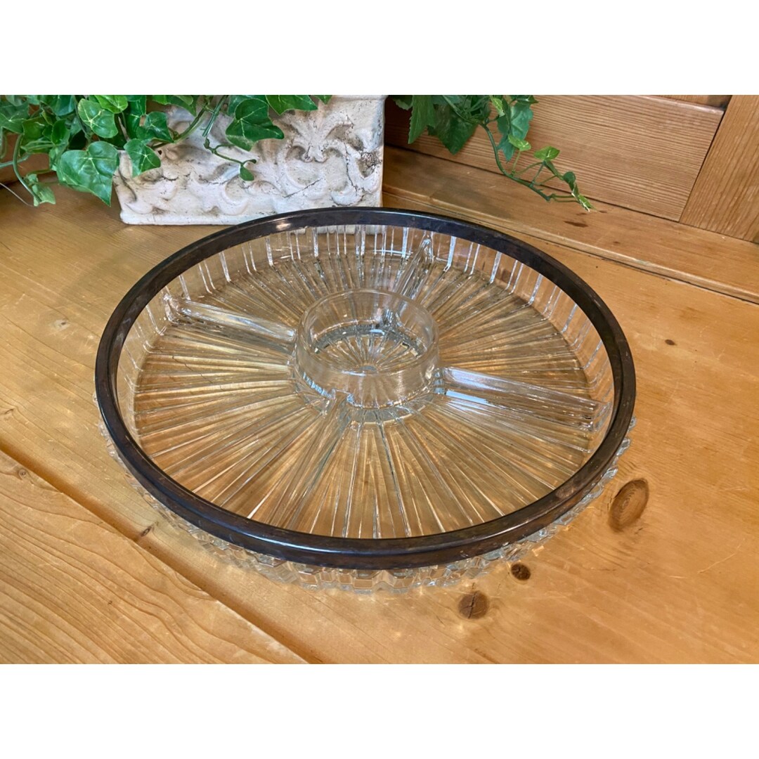 Vintage Clear Glass Divided Serving Tray With Silver Rim Academia Hors D'oeuvres Five Section