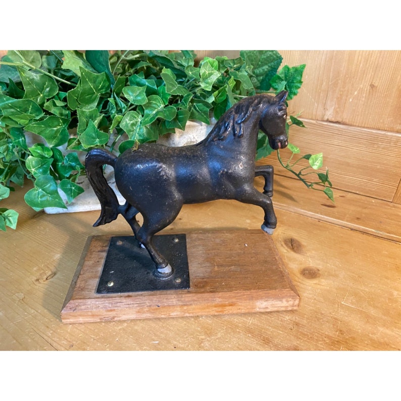 Vintage Black Cast Iron Horse Figurine Coin Bank on Wooden Etsy