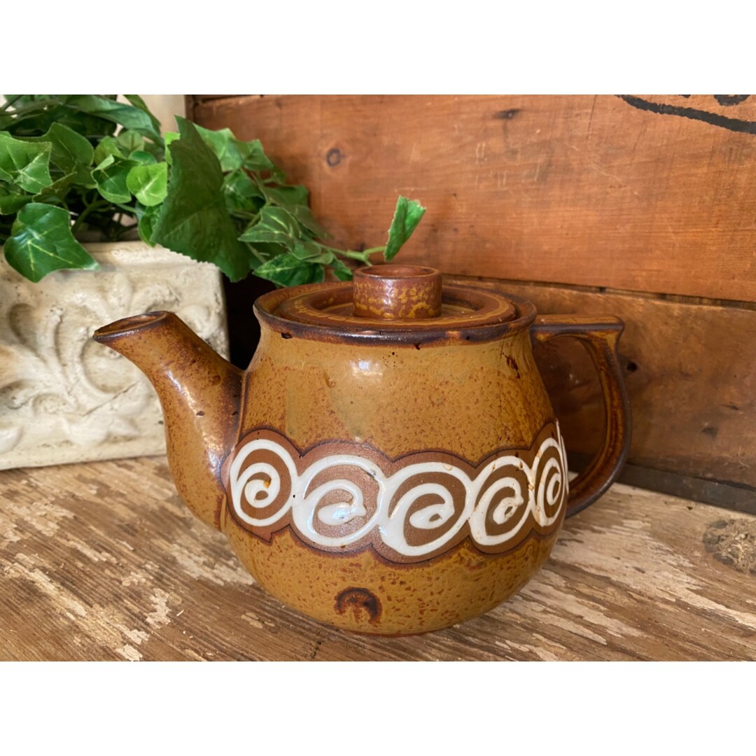 Vintage Brown Pottery Teapot With Swirl Pattern Stoneware Etsy