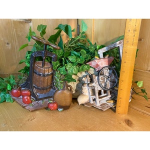 Vintage Retro 1970s Metal Wall Decor - Set of 2 | Homco 1978 | 1270 BX | Farmhouse | Painted Cast Aluminum Apple Cider Press + Corn Sheller