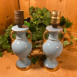 Vintage Blue Ceramic Table Lamp Bases with Gold Trim (no cords) - Set of 2 | Victorian Decor | Lamp Base | Blue + Gold | Shabby Chic Decor