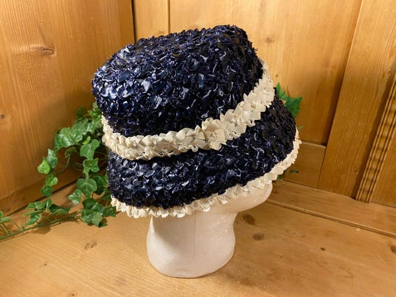 Vintage Blue Cello Straw Hat with Ivory Trim | Ri… - image 1