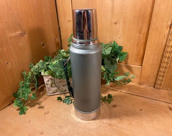 Vintage Stanley Aladdin Thermos | Industrial Green Thermos Bottle with Metal Cup | Pour-Through Plastic Stopper | Midcentury Modern Decor