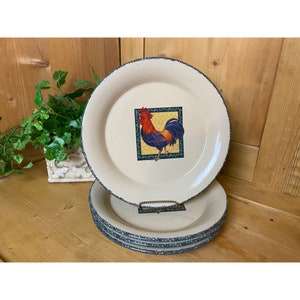 Charming Chicken Plates - Set of 4 | Home & Garden | White Plates + Red Green Blue Rooster | Farmhouse | Country Kitchen Decor
