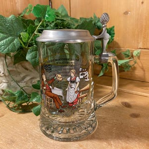 Vintage BMF Glass Beer Stein | Berndorf Metallwaren Fabrik | Glass Beer Mug with Pewter Lid and Handle | Academia | Traditional German Stein