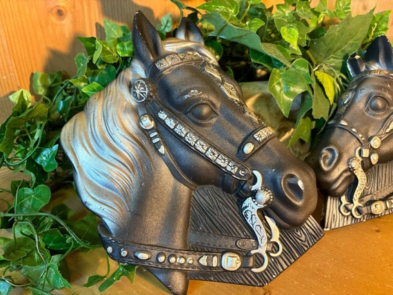 Vintage Black and Silver Plaster Horse Heads - Set of 2