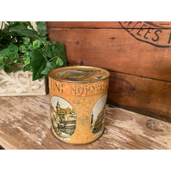 Vintage Metal Tin | Feine Nurnberger Lebkuchen Vintage Tin | German Decor | Vintage Kitchen Decor | Vintage Storage | Cylinder Tin Box