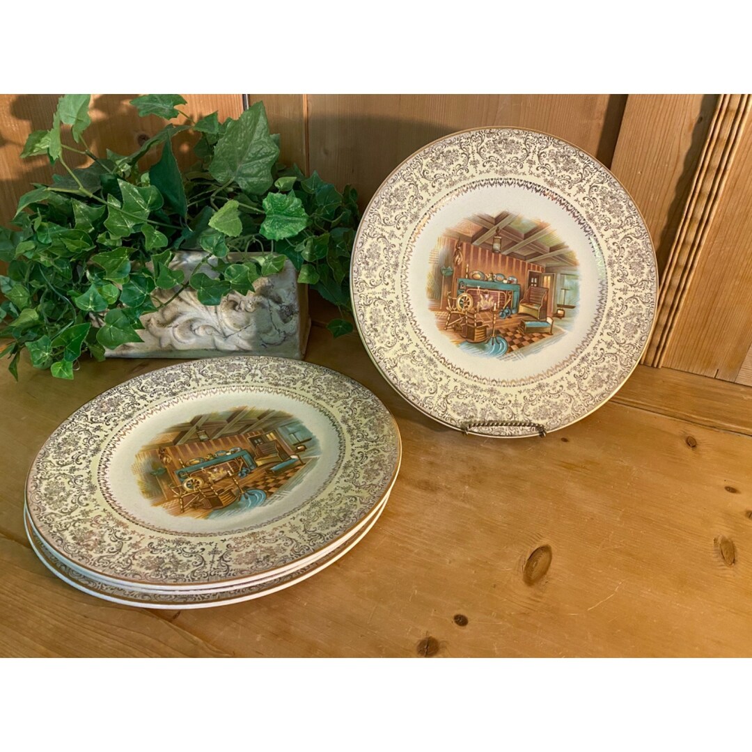 Vintage China Dinner Plates Set of 4 Imperial by Salem Fireplace Winter Scene 6066 23K Gold