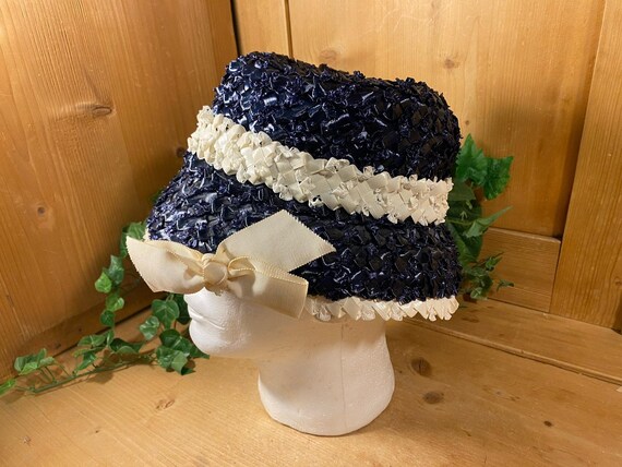 Vintage Blue Cello Straw Hat with Ivory Trim | Ri… - image 2