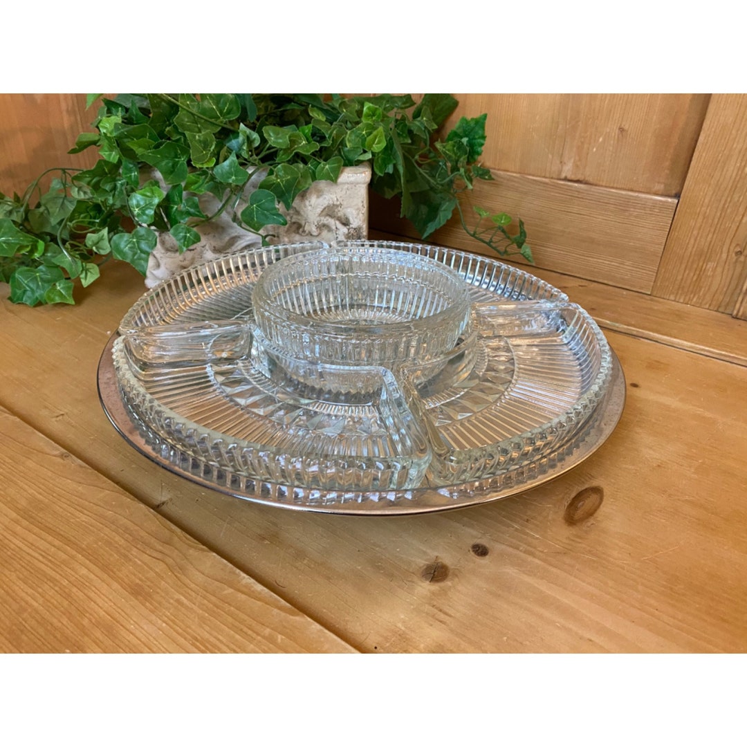 Vintage Chrome Glass Divided Tray Lazy Susan Serving Platter Etsy