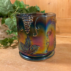 Vintage Harvest Grape Blue Carnival Glass Canister Jar (no lid) | Indiana Glass | Shabby Chic Table Decor | Iridescent Glass Jar with Grapes