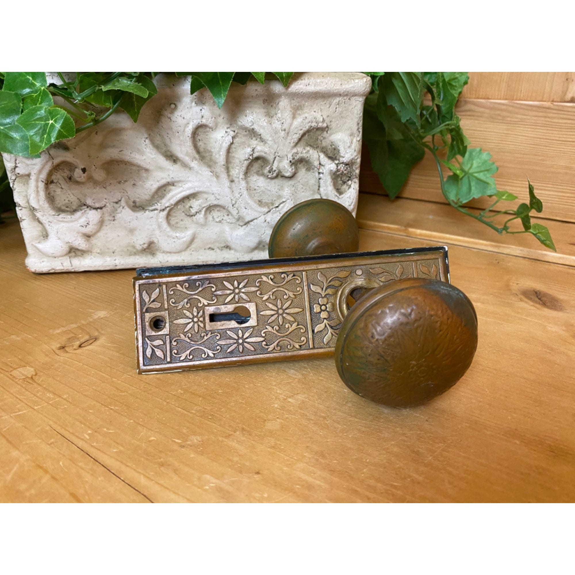 Antique Ornate Cast Brass Vintage Door Knob + Plate Victorian Era Architectural Salvage Decorative Hardware Restoration