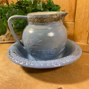 Vintage Blue Pottery Water Pitcher + Basin | Marian&#39;s Ceramics | Hollywood, FL | Cottagecore | Blue Pottery Washstand Pitcher and Bowl