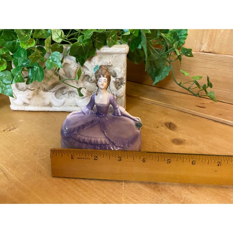 Vintage Porcelain Victorian Trinket Box | Woman In An Elegant Purple Ballgown | Shabby Chic | Made In Germany | Vanity or Dresser Decor image 9
