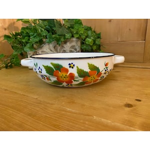 Vintage White Enamel Bowl with Painted Flowers | Enameled Metal Pot with Two Handles | Farmhouse Kitchen | Cottagecore | White + Floral Bowl