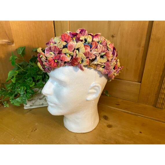 Vintage Pink and Yellow Floral Hat with Blue Form… - image 2