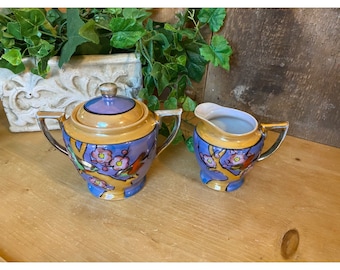 Vintage Bird Motif Blue and Gold Lusterware Sugar and Creamer - Set of 2 | Cottagecore Decor | Mid Century Modern | Vintage Kitchen Decor