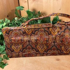 Vintage Velvet Paisley Clutch Handbag | Dark Paisley Swirl Bohemian Slim Purse | Retro Fashion | Boho Fashion | Slim Straps and Metal Clasp