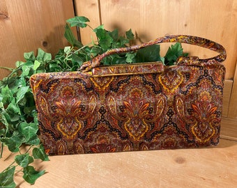 Vintage Velvet Paisley Clutch Handbag | Dark Paisley Swirl Bohemian Slim Purse | Retro Fashion | Boho Fashion | Slim Straps and Metal Clasp
