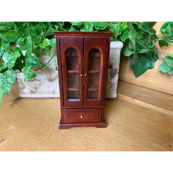 Vintage Dollhouse Wooden Tall Curio Cabinet with Drawer | Mahogany Stain | China Cabinet | Miniature Furniture | Vintage Toys | Dining Room