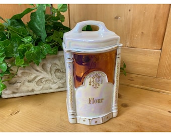 Vintage White Block Germany Lusterware Flour Canister | Shabby Chic | Vintage Kitchen Decor | Food Storage | Pearlescent Finish | German
