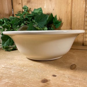 May include: A cream-colored ceramic bowl with a wide rim. The bowl is set against a wooden background with green foliage. The bowl's smooth surface and simple design suggest a vintage or farmhouse aesthetic.