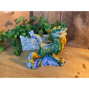Vintage Brightly Colored Chinese Dragon | Ceramic Blue and Green Dragon | Asian Decorative Figurine | Vintage Shelf Decor
