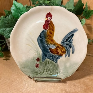 Vintage French Majolica Rooster Plate | Choisy-Le-Roi | Made In France | Farmhouse Kitchen Decor | Antique French Ceramic Chicken Plate