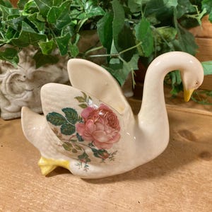Vintage White Ceramic Swan Planter with Pink Roses | Shabby Chic Table Decor | Swans | Cottagecore | Ceramic Swan Planter with Pink Floral