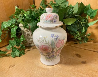 Vintage Floral Porcelain Ginger Jar | Ceramic White Ginger Jar with Pink and Blue Flowers | Made In Japan | Asian Shelf Decor | Shabby Chic