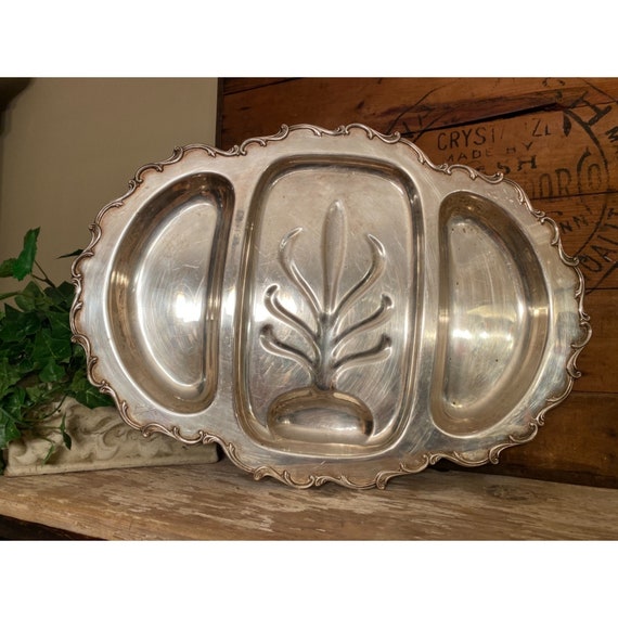 Vintage Divided Silver Serving Tray With Feet | 3 Divisions