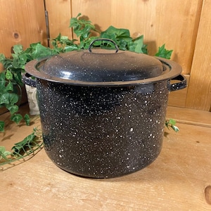 May include: A black speckled enamelware pot with a lid and two side handles. The pot is round and sits on a wooden surface. Green leafy plants are in the background.