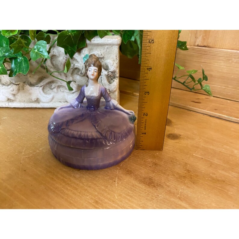 Vintage Porcelain Victorian Trinket Box | Woman In An Elegant Purple Ballgown | Shabby Chic | Made In Germany | Vanity or Dresser Decor image 8