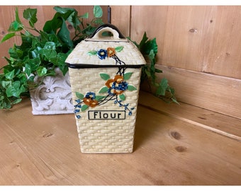 Vintage Flour Canister | Basket Style Ceramic Basket | Floral Canister | Cottagecore | Vintage Kitchen Decor | Grandmacore | Baking