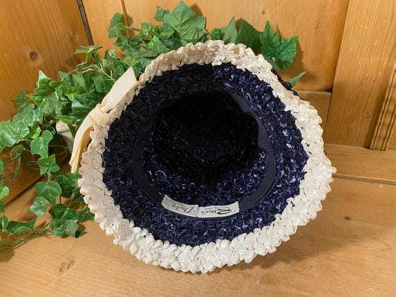 Vintage Blue Cello Straw Hat with Ivory Trim | Ri… - image 6