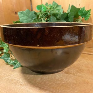 Vintage Brown Stoneware Mixing Bowl | Large Stoneware Bowl | Rustic Farmhouse Kitchen Decor | Primitives | Pottery Fruit Bowl | Neutrals