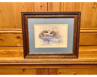 Vintage Snowy Red Barn Framed Artwork | Cafrella Original Signed | Vintage Watercolor Art | Vintage Wall Decor | Farmhouse Art | Rustic Art