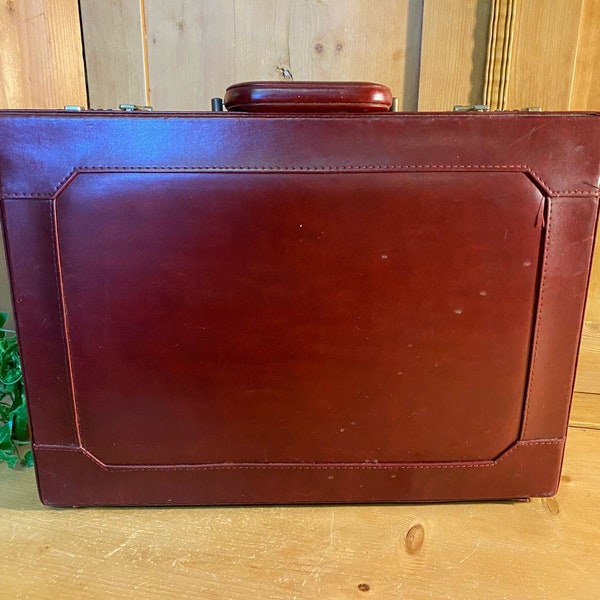 Vintage Red Leather Briefcase | Document Carrying Case | Leather Briefcase w/ Gray Interior & Combination Lock | Retro Briefcase w/ Pockets