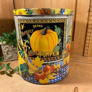 Vintage Pumpkin and Sunflowers Tin Canister | Houston Foods Co. | Large Round Decorative Tin | Farmhouse Shelf Decor | Butterfly Brand Tin