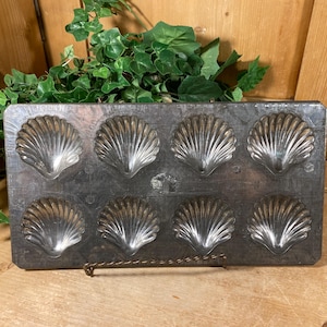 May include: A vintage metal mold with eight seashell-shaped cavities. The mold is rectangular with a dark, aged finish. The seashell impressions have detailed ridges, and the mold is supported by a small, decorative metal stand. Greenery is in the background.