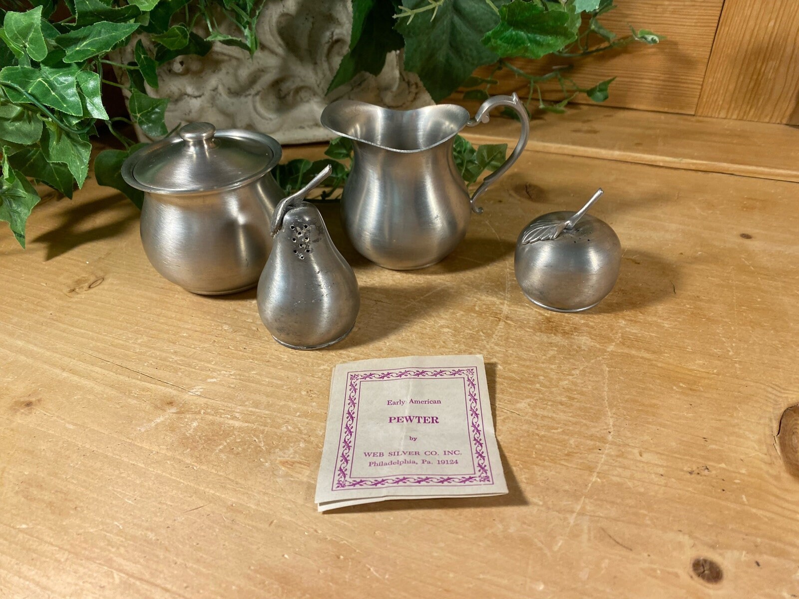 Vintage Early American Pewter - Set of 4 | Web Silver Co. Inc. | Salt + Pepper Shakers, Sugar Bowl, Cream Pitcher | Farmhouse Kitchen Decor