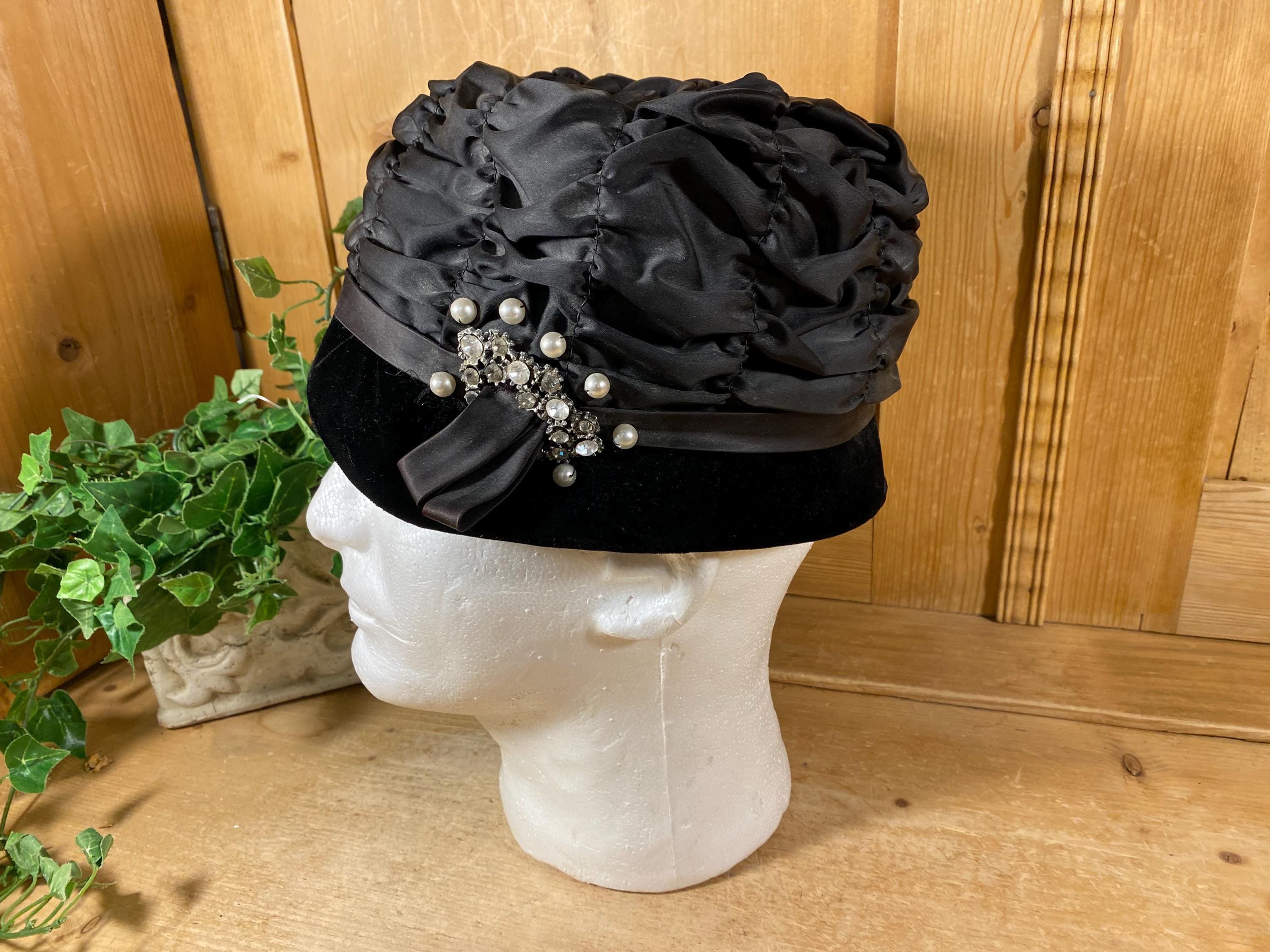 Vintage Ruffled Satin Black Pillbox Hat Crytal/Pearl Accents Midcentury Modern Ladies Hat Costume Edwardian Hat Womens Fashion