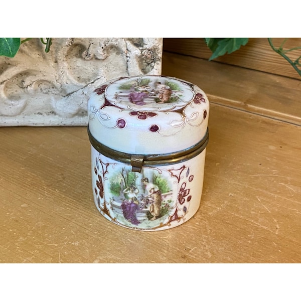 Vintage Porcelain Trinket Box with Hinged Lid | White Jewelry Box with Scenes of European Ladies | Victorian | Shabby Chic | Dresser Decor