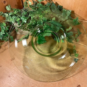 May include: A clear, round glass plate with a green center, surrounded by a clear rim. Green leafy vines are arranged around the plate. The plate is on a wooden surface.