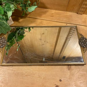 Vintage Ornate Mirrored Dresser Tray | Rectangular Metal Vanity Tray with Mirrored Glass and Clear Jewel Trim | Shabby Chic Table Decor
