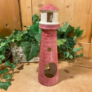 Vintage Ceramic Lighthouse Tea Light Candle Holder | Red and White Lighthouse Votive Candle Holder | Nautical Table Decor | Coastal Decor |