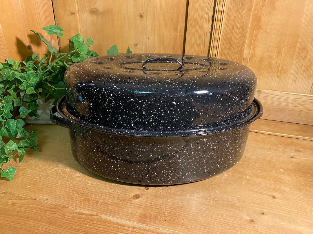 Vintage Black Speckled Enamel Roasting Pan With Cover Large