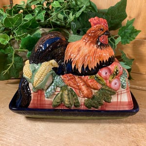 Vintage Ceramic Chicken Butter Dish | Tracy Porter | The Stonehouse Farm Collection | Ceramic Rooster Butter Dish | Farmhouse Kitchen Decor